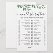 Papier Jeu éditable de 'Would She Rather' pour anniversai (Devant / Derrière)