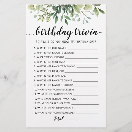 Papier Jeu éditable pour Anniversaire Trivia (Devant)