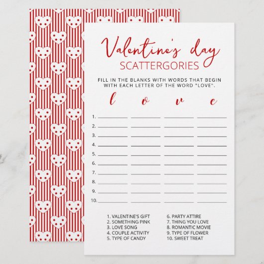 Papier jeu éditable Scattergories pour la Saint-Valentin (Devant / Derrière)