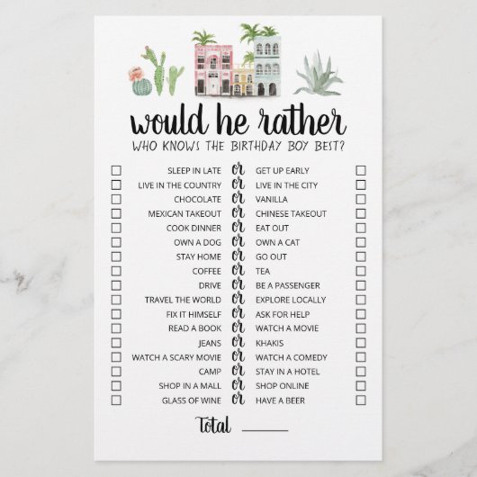 Papier Jeu éditable 'Would He Rather' pour anniversaire (Devant)