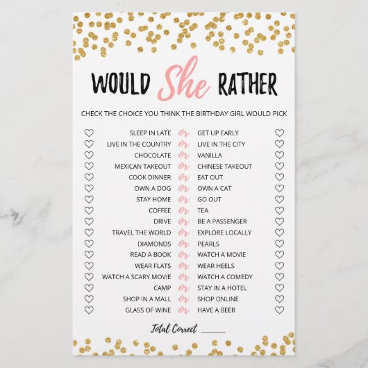 Papier Jeu éditable 'Would She Rather' pour anniversaire (Devant)