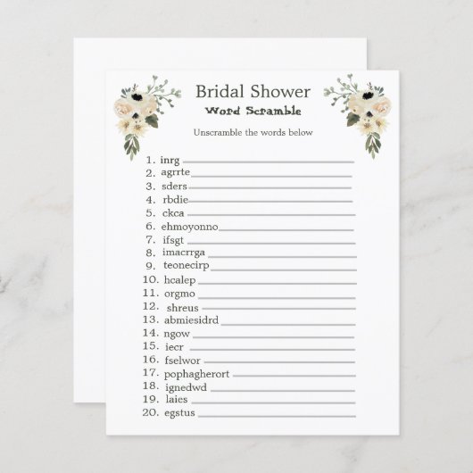 Papier Jeu Fête des mariées Word Scramble (Devant / Derrière)