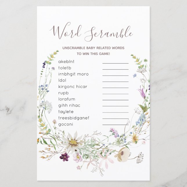 Papier Jeu fleur sauvage Baby shower Word Scramble (Devant)