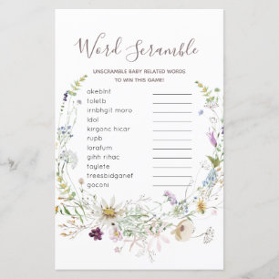 Papier Jeu fleur sauvage Baby shower Word Scramble