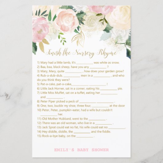 Papier Jeu Floral Blush rose et or Baby shower IMPRIMER (Devant)