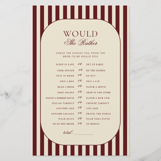 Papier Jeu « Ivory & Burgundy Stripes Would She Rather » (Devant)