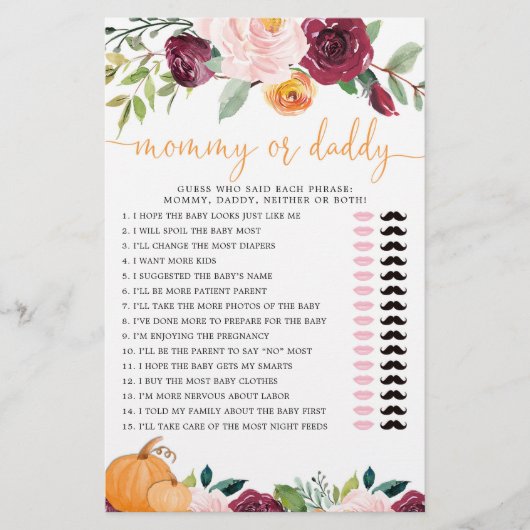 Papier Jeu maman ou papa citrouille floral automne (Devant)