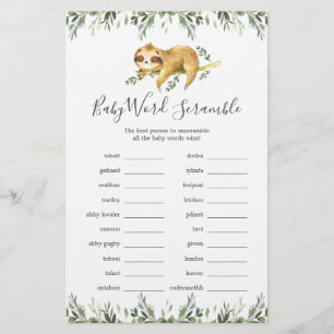 Papier Jeu Mot Baby shower Sloth