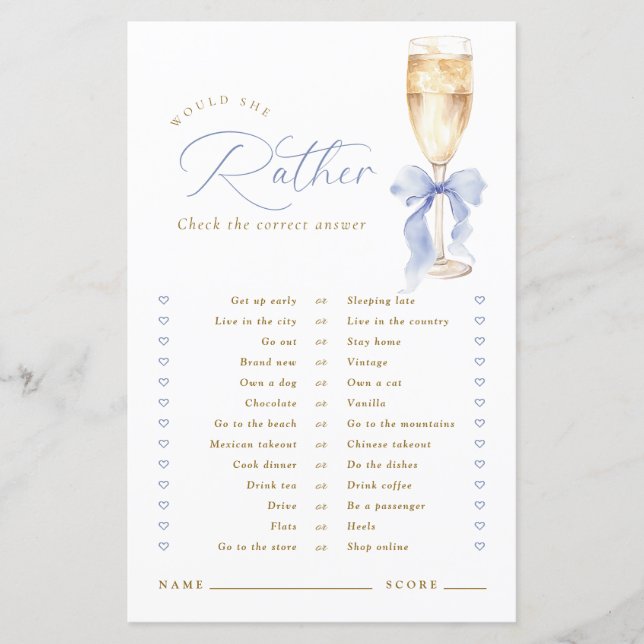 Papier Jeu Or Champagne Bleu Ruban 'Préférerait-Elle' (Devant)