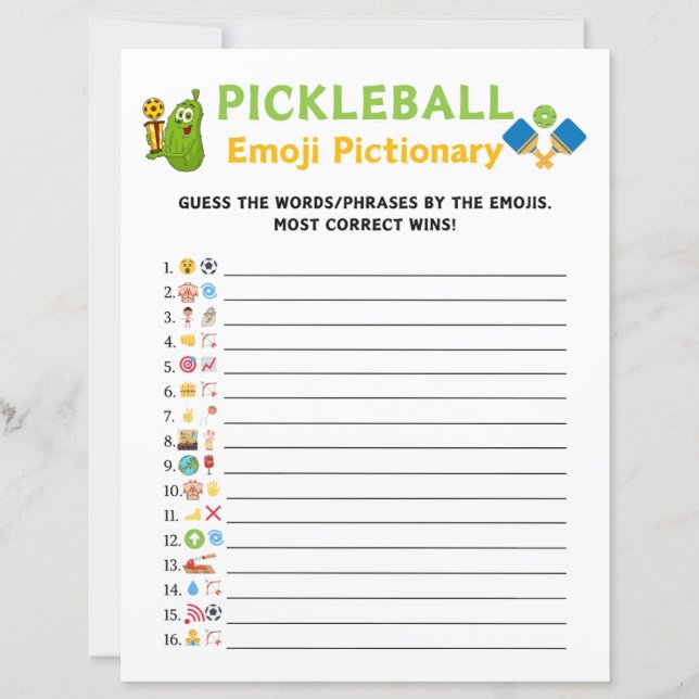 Papier Jeu Pickleball Emoji Pictionary (Devant)