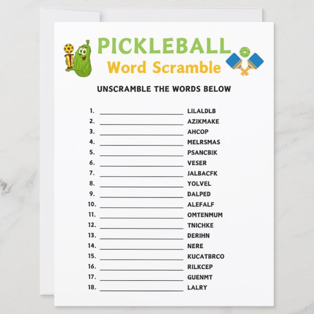 Papier Jeu Pickleball Word Saut (Devant)