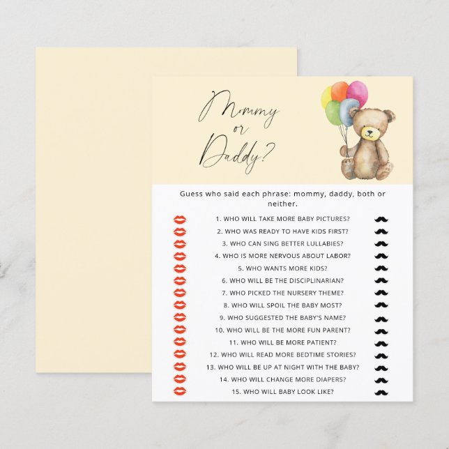 Papier Jeu pour bébé de l'arrivée de maman ou papa - Ours (Devant / Derrière)