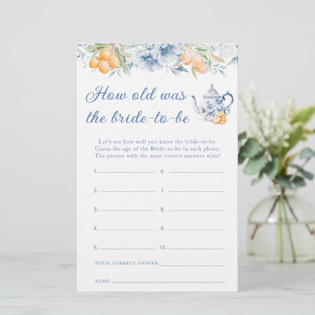 Papier Jeu Quel âge a la future mariée Fleurs Citron Bleu (Debout devant)