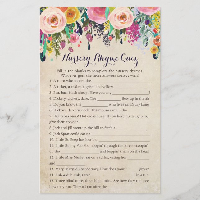 Papier Jeu-questionnaire sur la rime du Baby shower à fle (Devant)