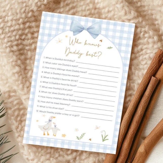 Papier Jeu Qui Sait Canard en Vichy Bleu (silly Goose Baby Shower Game)