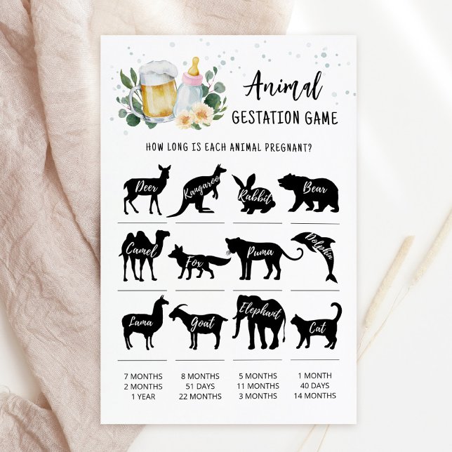 Papier Jeu Rose de Gestation Animale pour Bébé en Route (Beer and Floral Baby is Brewing Baby Shower Animal Gestation Game Card)