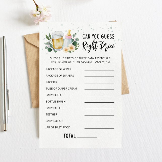 Papier Jeu Rose Prix Juste Bébé en Route (Beer and Floral Baby is Brewing Baby Shower Can You Guess Right Price Game Card)