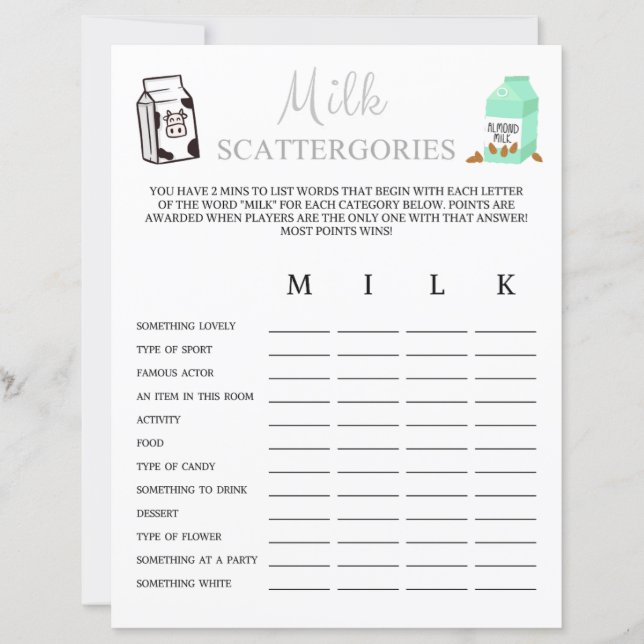 Papier Jeu Scattergories de lait (Devant)