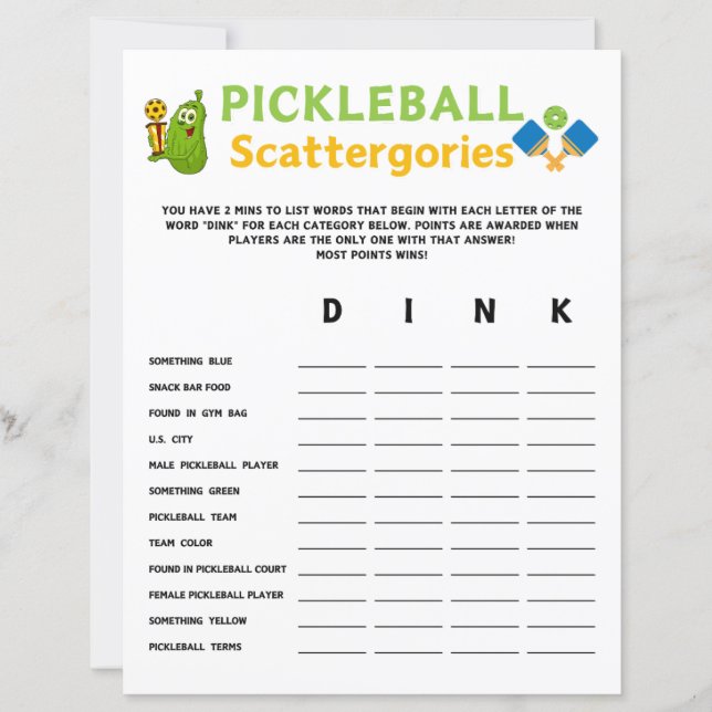 Papier Jeu Scattergories Pickleball (Devant)