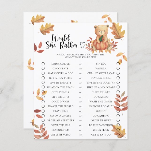 Papier Jeux de baby shower « Citrouille d'automne / Plutô (Devant / Derrière)