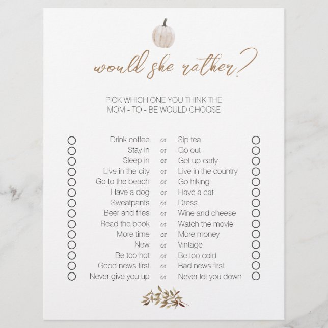 Papier Jeux de Baby shower de Bingo à deux côtés Citrouil (Devant)