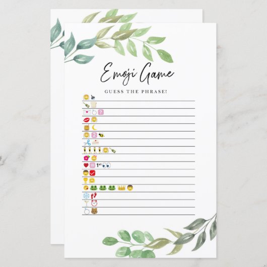 Papier Jeux de Baby Shower Devinez le jeu Emoji Greenery (Devant / Derrière)