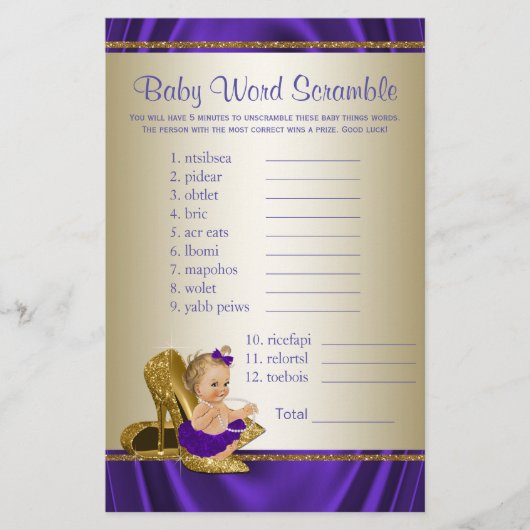 Papier Jeux de Baby shower pour filles violet et or (Devant)