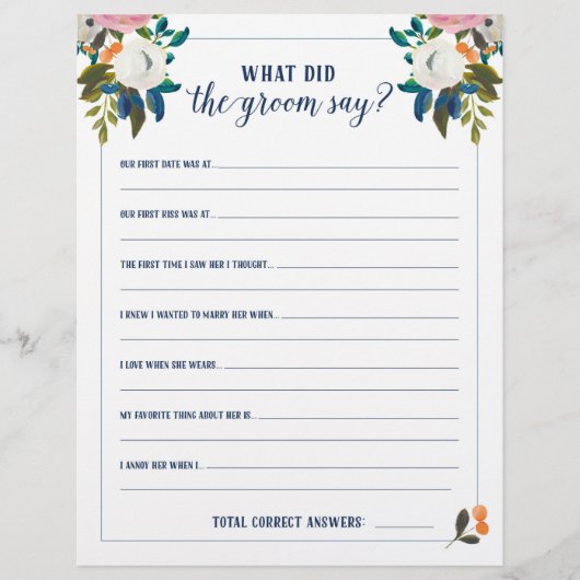 Papier Jeux de Baby Shower Que a dit le marié (Devant)