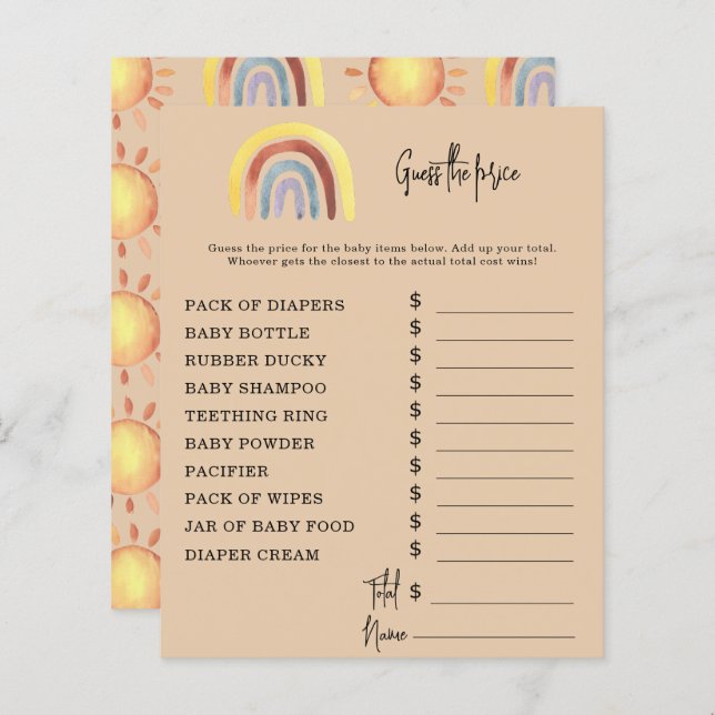 Papier Jeux de Boho Rainbow Party | Jeu devis de prix (Devant / Derrière)