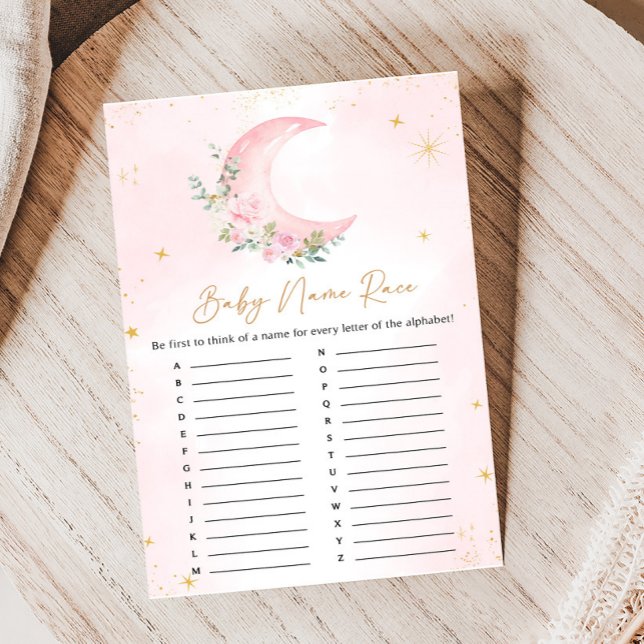 Papier Jeux de devinette de nom de bébé Shower Rose Lune  (Floral Monn and Stars Baby Shower Game)