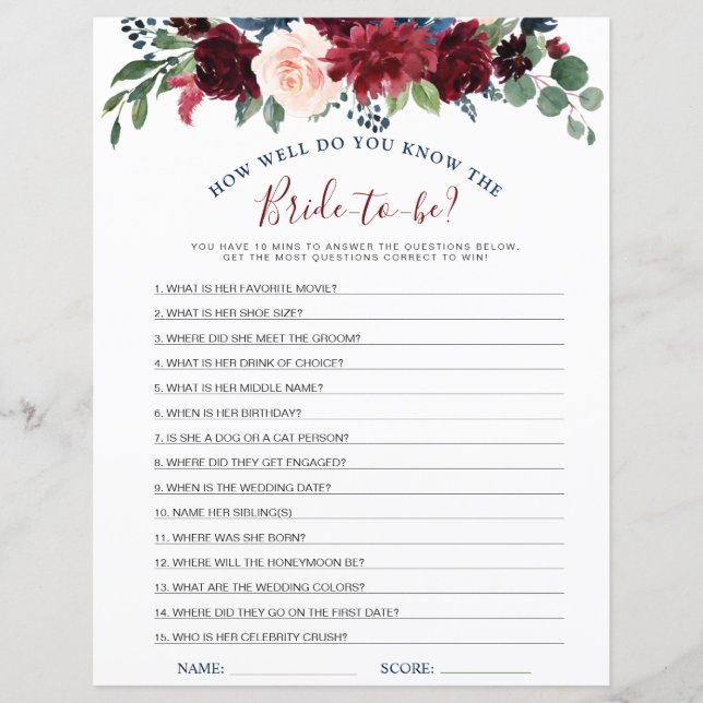 Papier Jeux de Fête de Mariage Fleurs Blush Navy Bourgogn (Devant)
