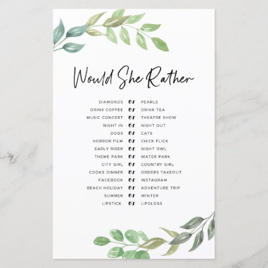 Papier Jeux de Fête de Mariage Préférerait-Elle Feuillage (Devant)