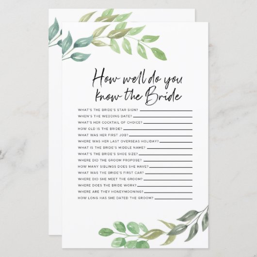 Papier Jeux De Fête des mariées À Quel Point Connaissez-V (Devant / Derrière)