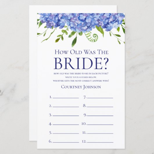 Papier Jeux de Fête des mariées Blue Hydrangeas (Devant / Derrière)