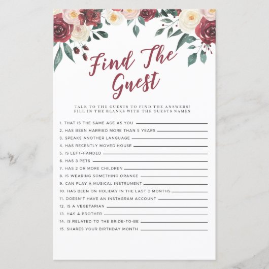 Papier Jeux De Fête des mariées Trouvez Le Jeu D'Invité R (Devant)