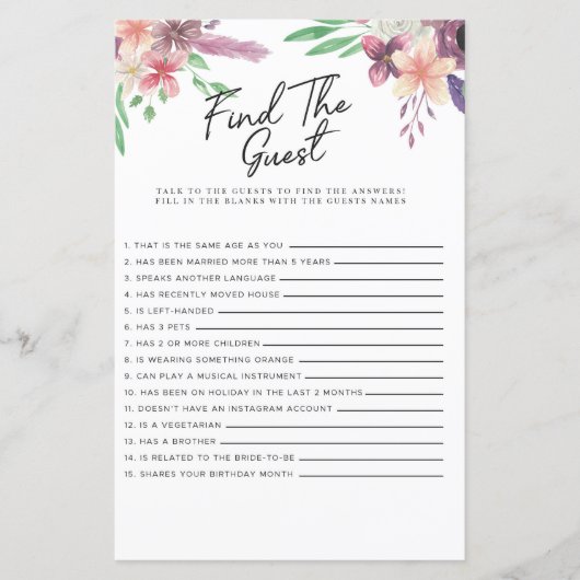 Papier Jeux De Fête des mariées Trouvez Le Jeu Invité Flo (Devant)