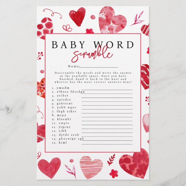 Papier Jeux de mots mêlés 'Chéri(e)' pour une baby shower (Devant)