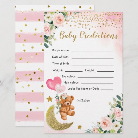 Papier Jeux de prédictions pour bébés Baby shower rose (Devant / Derrière)