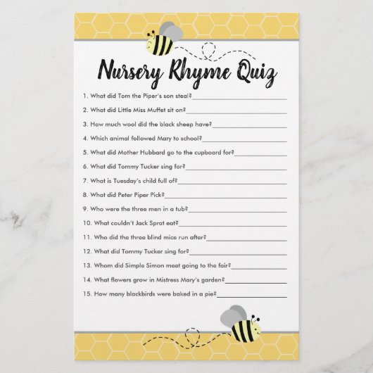 Papier Jeux de quiz de rime de berceau Bumble Bee Baby Sh (Devant)