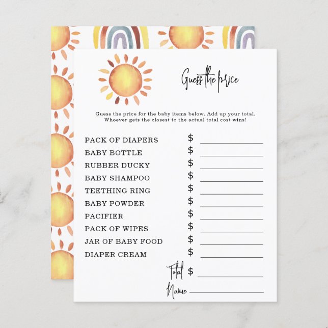 Papier Jeux de Sunshine Party | Jeu devis de prix (Devant / Derrière)