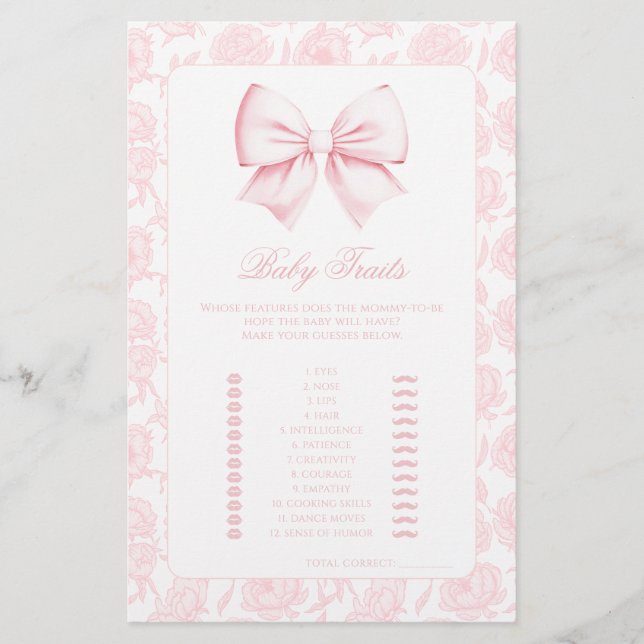 Papier Joli Bow rose Floral Baby Traits Jeux de douche (Devant)