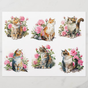 Papier Joli Chats aquarelle dans un Patch rose rose