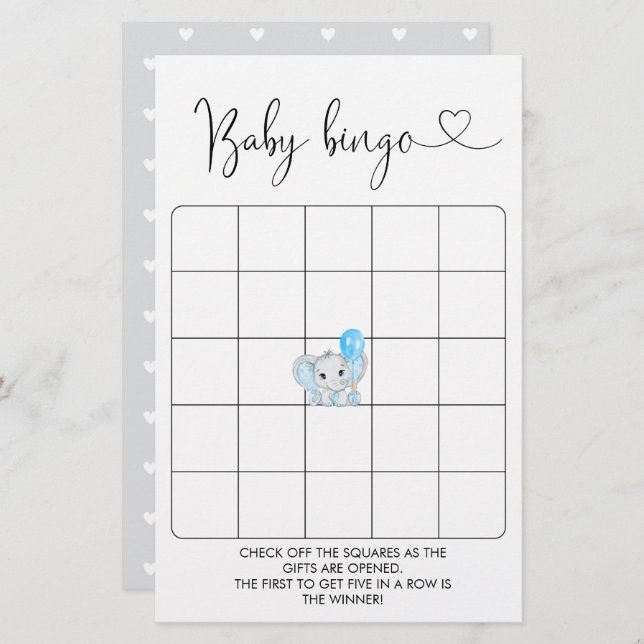 Papier Joli éléphant Baby shower de Bingo Jeu (Devant / Derrière)