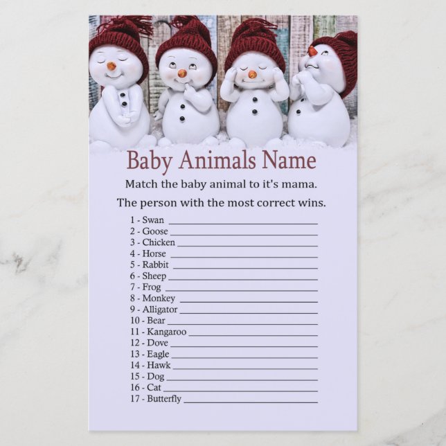 Papier Joli Noël Snowman Bébé Animaux Nom Jeu (Devant)