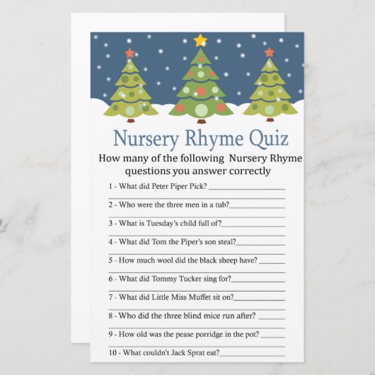 Papier Joli Noël Tree Nursery Rhyme Quiz baby shower (Devant / Derrière)