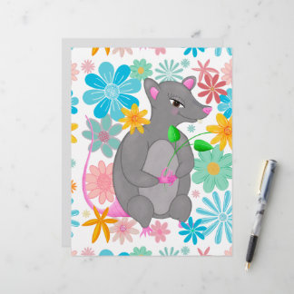 Papier Joli rat gris fantaisiste fleurs pastel