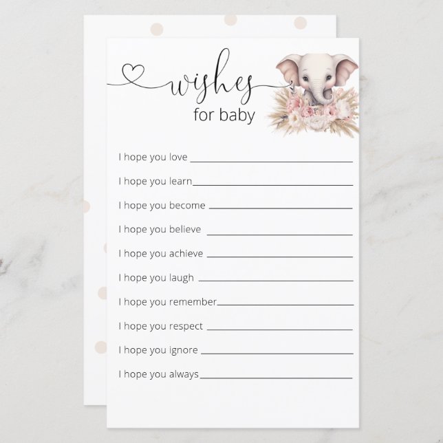 Papier Jolie Eléphant Rose Boho Girl Souhaite Pour Bébé (Devant / Derrière)