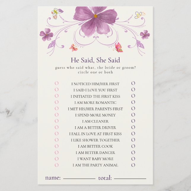 Papier Jolis Papillons Il a dit, Elle a dit Jeu de Douche (Devant)