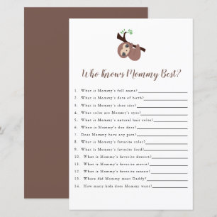 Papier Jote Sloth Baby shower Jeu Qui connaît maman Meill