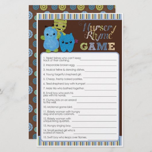 Papier Jouer à un Boo Monsters Baby shower Game Nursery R (Devant / Derrière)